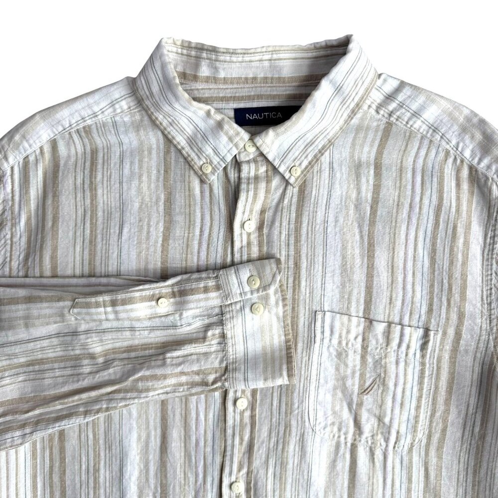 Nautica Linen Button Up‎ Shirt Mens Size XL Beige White Striped Coastal Preppy